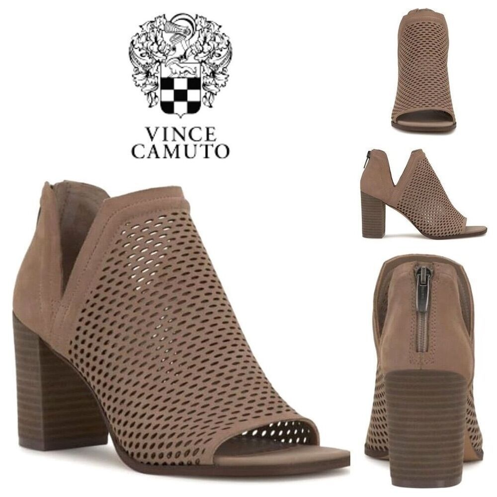 Vince Camuto Taupe Perforated Peep-Toe Block Heel Bootie